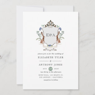 Invitación Boda de monograma de cresta de laurel de bosque ac