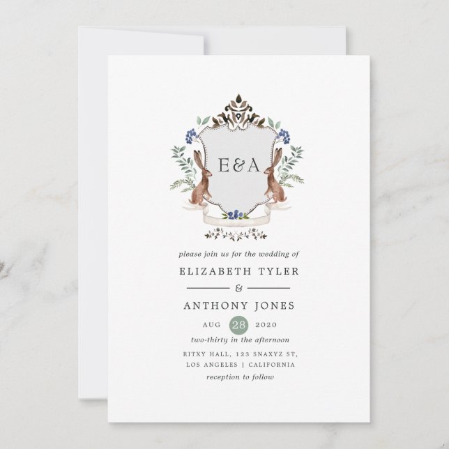 Invitación Boda de monograma de cresta de laurel de bosque ac (Anverso)