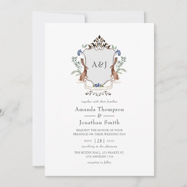 Invitación Boda de monograma de cresta de laurel de bosque ac (Anverso)