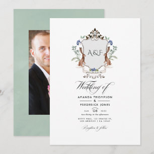 Invitación Boda de monograma de cresta de laurel del bosque e