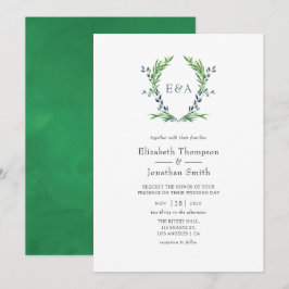 Invitación Boda de monograma de cresta de vegetación en acuar