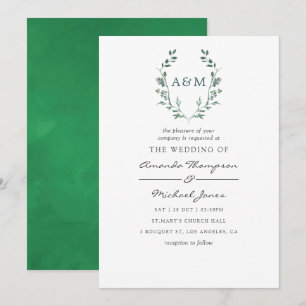 Invitación Boda de monograma de cresta de vegetación en acuar