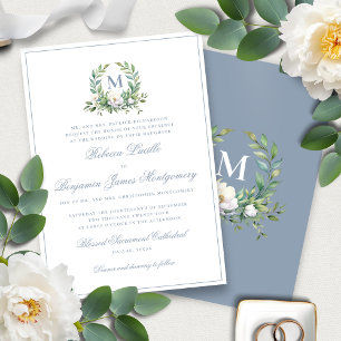 Invitación Boda de Monograma de Cresta Floral Azul Formal Ele