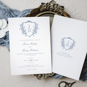 Invitación Boda de Monograma de Cresta Floral Regencia Azul 