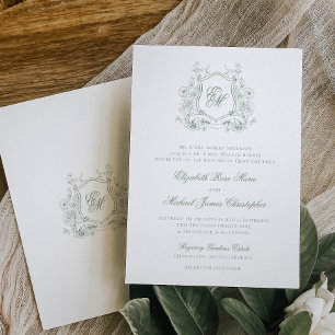 Invitación Boda de Monograma de Cresta Floral Verde Salvia Fo