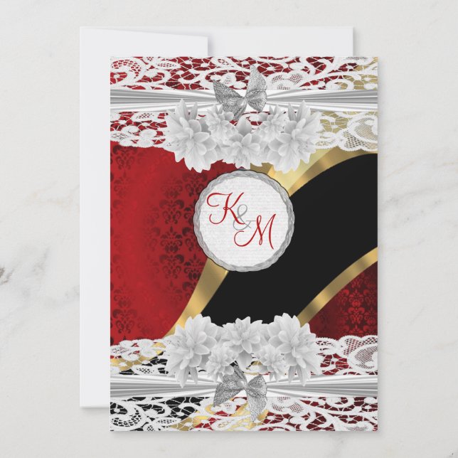 Invitación Boda de monograma de damasco rojo y encaje blanco (Reverso)