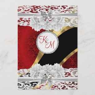 Invitación Boda de monograma de damasco rojo y encaje blanco