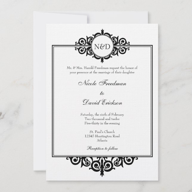 Invitación boda de monograma de desplazamiento victoriano bla (Anverso)