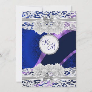 Invitación Boda de monograma de encaje blanco de damasco azul