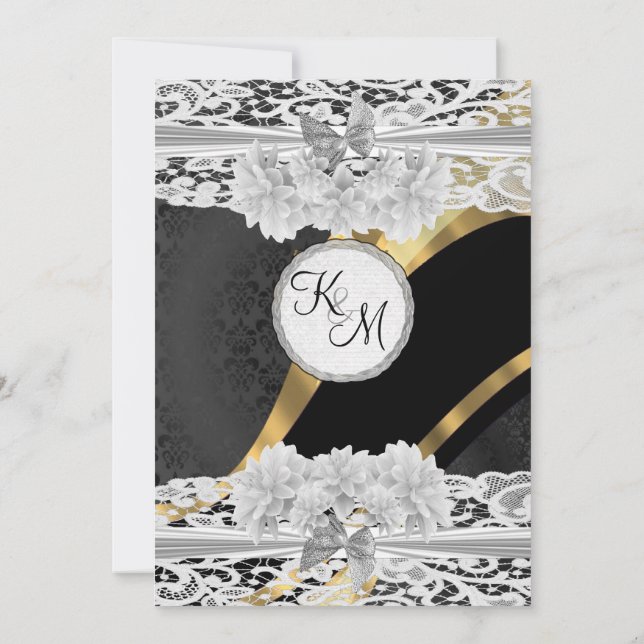Invitación Boda de monograma de encaje blanco dorado negro (Reverso)