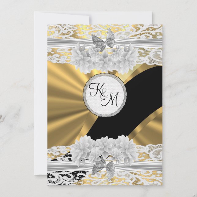 Invitación Boda de monograma de encaje blanco elegante y dora (Reverso)