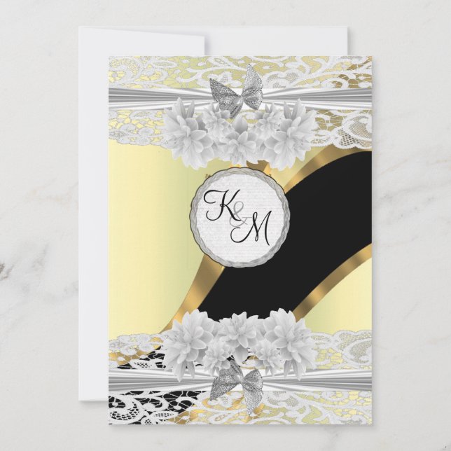 Invitación boda de monograma de encaje blanco elegante y dora (Reverso)