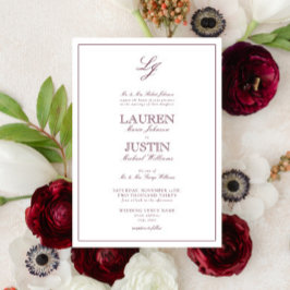 Invitación Boda de monograma de escritura burdeos clásica