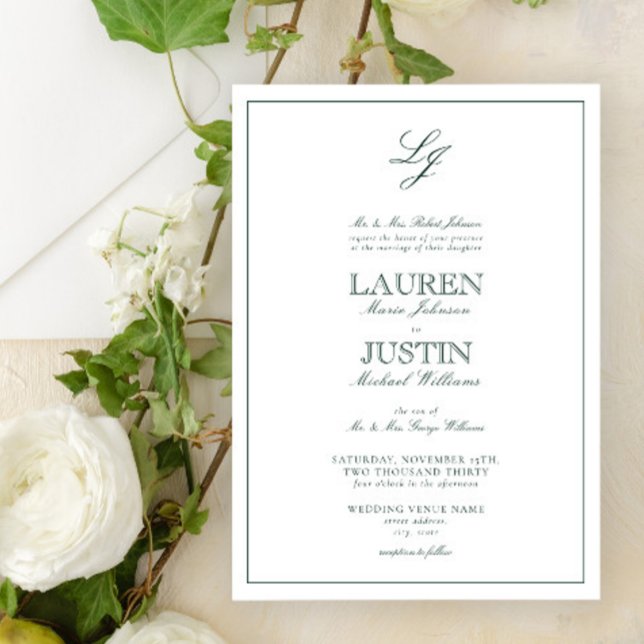 Invitación Boda de monograma de escritura verde esmeralda clá (Subido por el creador)