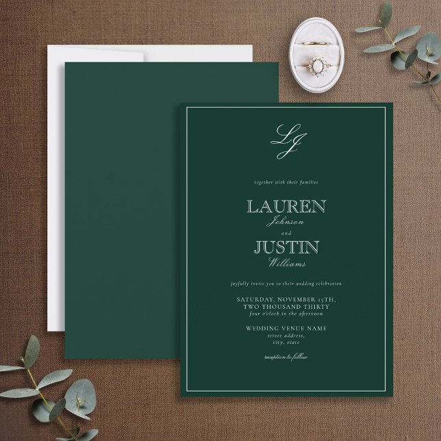 Invitación Boda de monograma de escritura verde esmeralda clá (Subido por el creador)