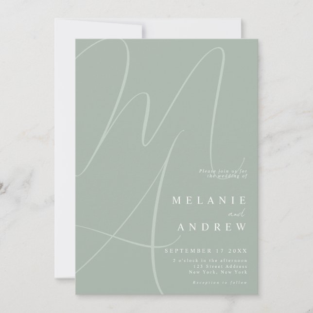 Invitación Boda de monograma de escritura verde sabio minimal (Anverso)