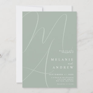 Invitación Boda de monograma de escritura verde sabio minimal