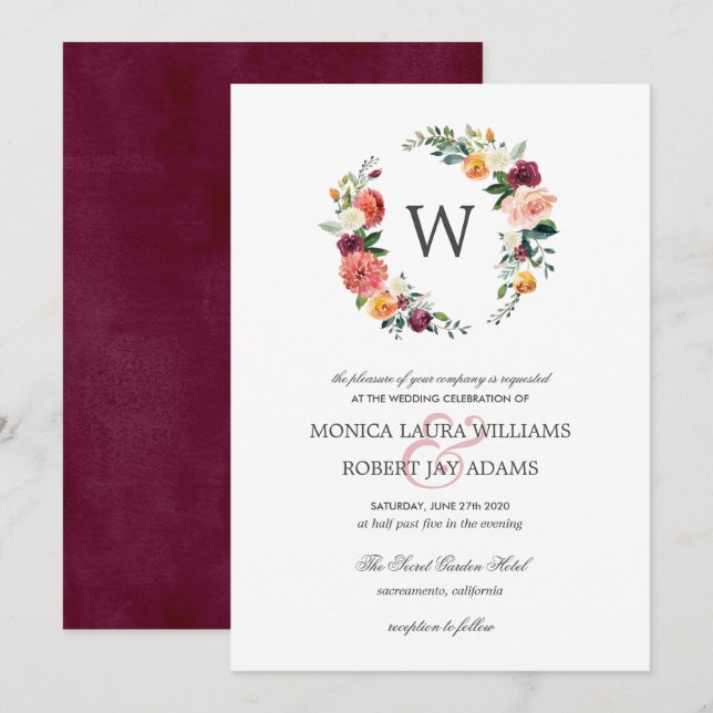 Invitación Boda de monograma de flor floral de autum en flor  (Anverso / Reverso)