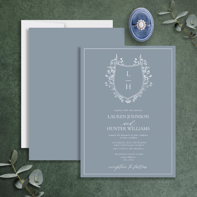 Invitación Boda de Monograma de Flor Silvestre Azul Clásico (Subido por el creador)