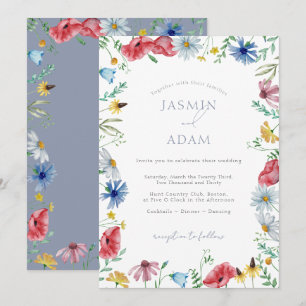 Invitación Boda de Monograma de Flor Silvestre Azul Polvorien