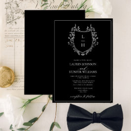 Invitación Boda de monograma de flor silvestre negra clásico