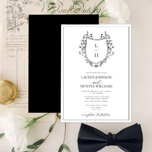 Invitación Boda de monograma de flor silvestre negra clásico