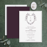 Invitación Boda de Monograma de Flor Silvestre Púrpura Clásic<br><div class="desc">¿Estás buscando un giro moderno en una invitación clásica a la boda? Entonces no hay más que ver nuestra clásica Invitación a la Boda Escudo Monograma Púrpura Pluma! Esta bonita invitación está diseñada con un escudo de dibujos a mano adornado con flores silvestres y mariposas. Presenta sus iniciales de monograma...</div>
