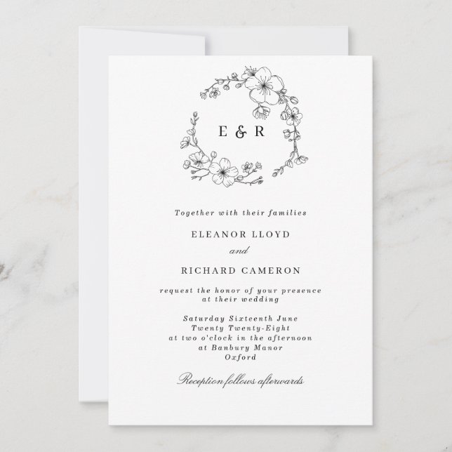 Invitación Boda de monograma de floración blanca y negra (Anverso)