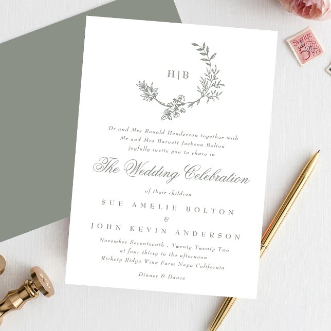 Invitación Boda de monograma de floración Sage Green Classic (Subido por el creador)