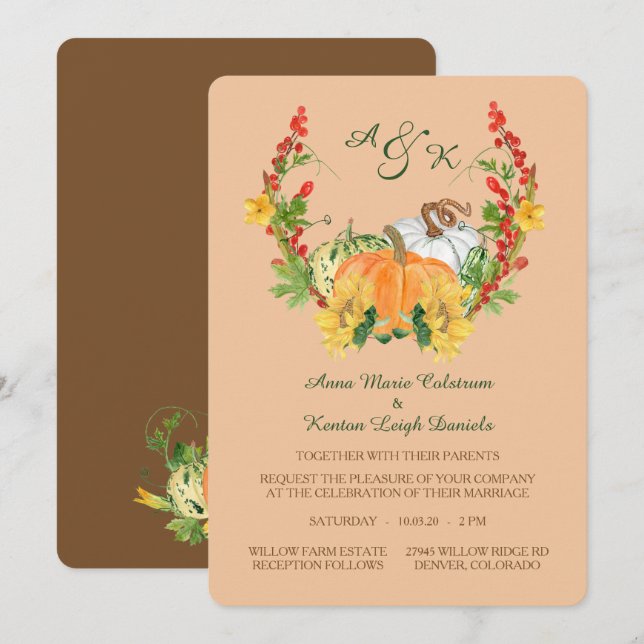 Invitación Boda de monograma de floral de cosecha otoñal (Anverso / Reverso)