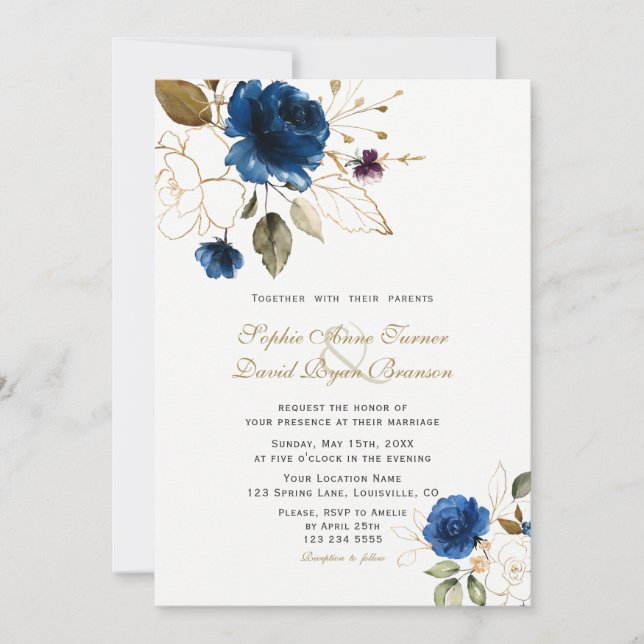 Invitación Boda de Monograma de Flores de Oro Azul caprichoso (Anverso)
