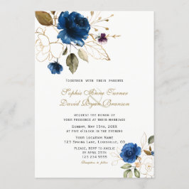 Invitación Boda de Monograma de Flores de Oro Azul caprichoso