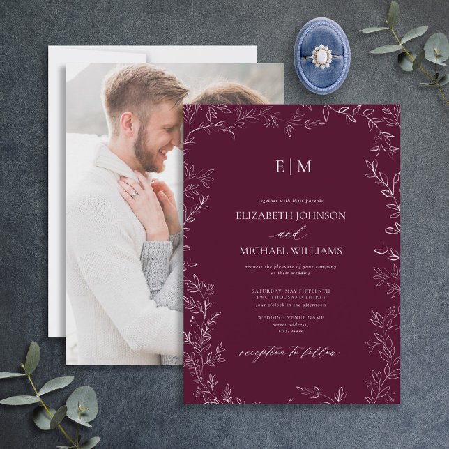 Invitación Boda de monograma de foto de hoja mínima de Borgoñ (Subido por el creador)