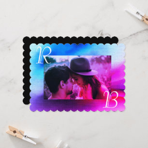 Invitación Boda de monograma de fotografía azul y púrpura de 