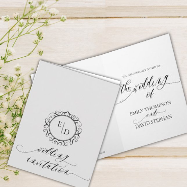 Invitación Boda De Monograma De Guión Blanco Y Negro (Subido por el creador)