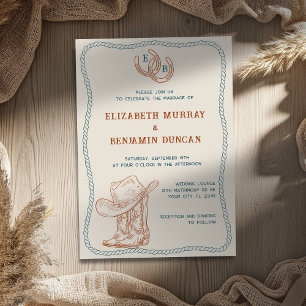 Invitación Boda de Monograma de Herradura Occidental Teal Oxi
