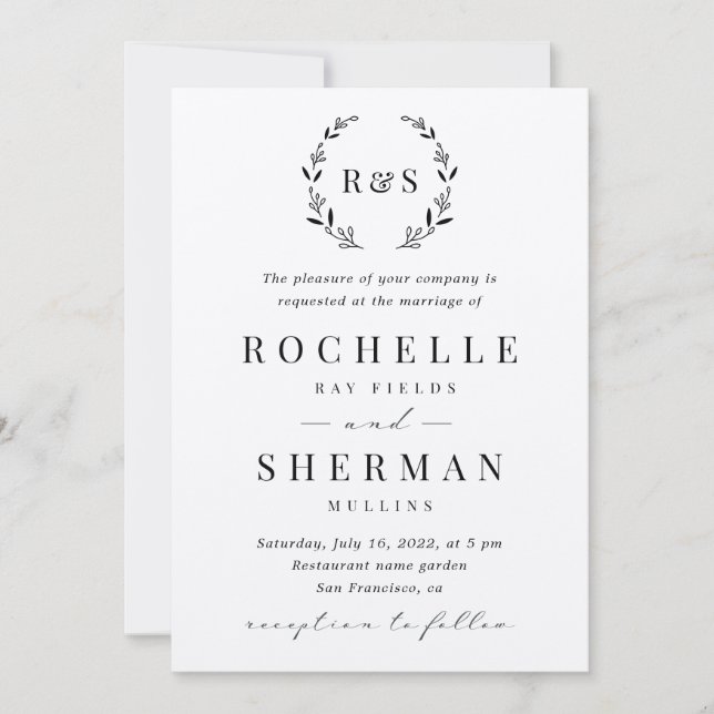 Invitación Boda de Monograma de Hoja Rustica Felt White Premi (Anverso)