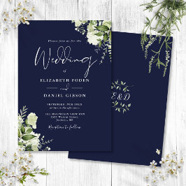 Invitación Boda de monograma de hojas de vegetación azul mari