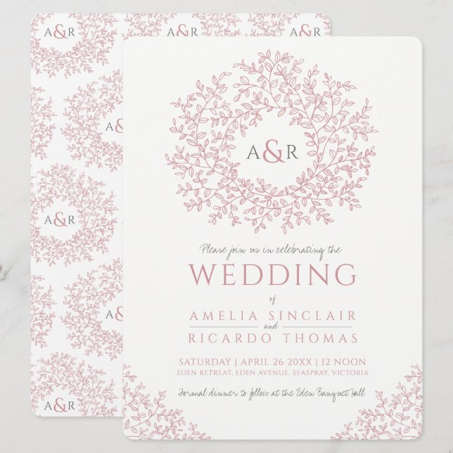 Invitación Boda de monograma de hojas dibujadas a mano blanca (Anverso / Reverso)