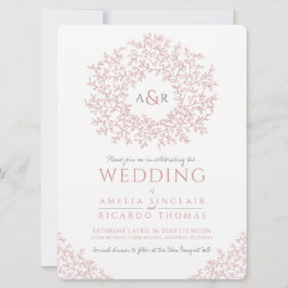 Invitación Boda de monograma de hojas dibujadas a mano blanca