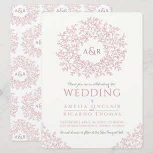 Invitación Boda de monograma de hojas dibujadas a mano blanca
