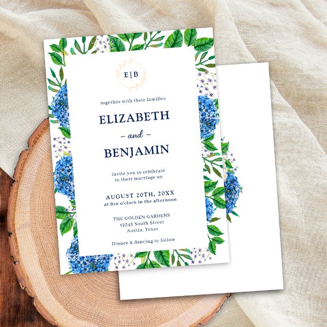 Invitación Boda de Monograma de Hortensias Azules Doradas Ele (Front / Back)