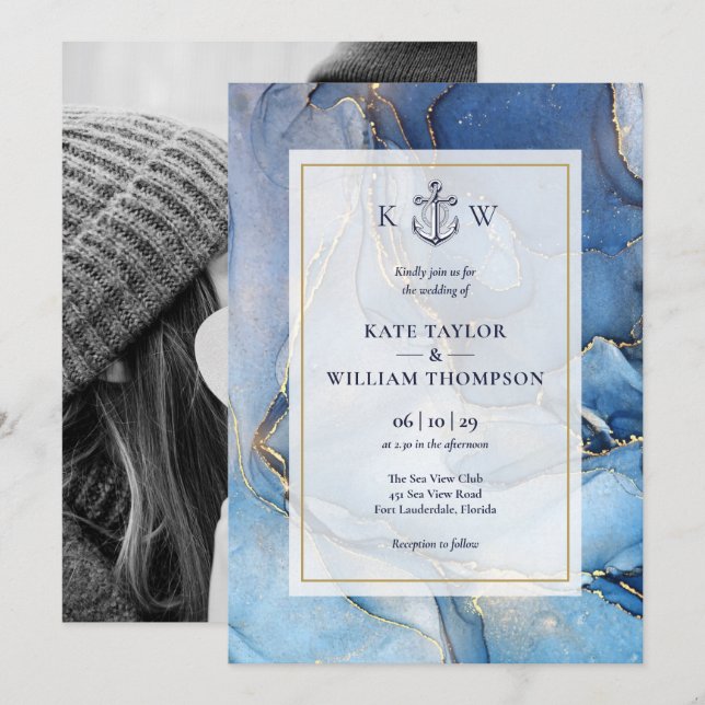 Invitación Boda de monograma de la Agencia de Oro Azul Náutic (Anverso / Reverso)