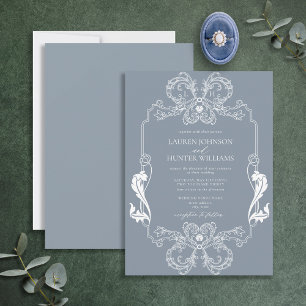 Invitación Boda de Monograma de la Línea Floral Azul Dusty Or