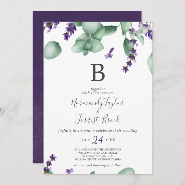Invitación Boda de Monograma de Lavanda Rústica y Eucalipto (Anverso / Reverso)