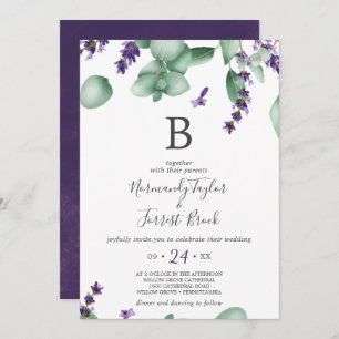 Invitación Boda de Monograma de Lavanda Rústica y Eucalipto