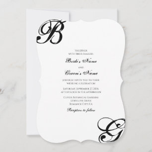 Invitación Boda de Monograma de Letra Script en Blanco y Negr