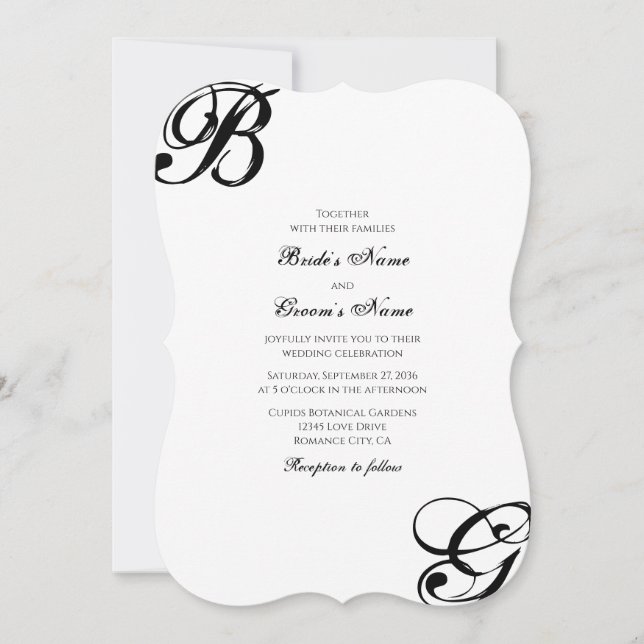 Invitación Boda de Monograma de Letra Script en Blanco y Negr (Anverso)