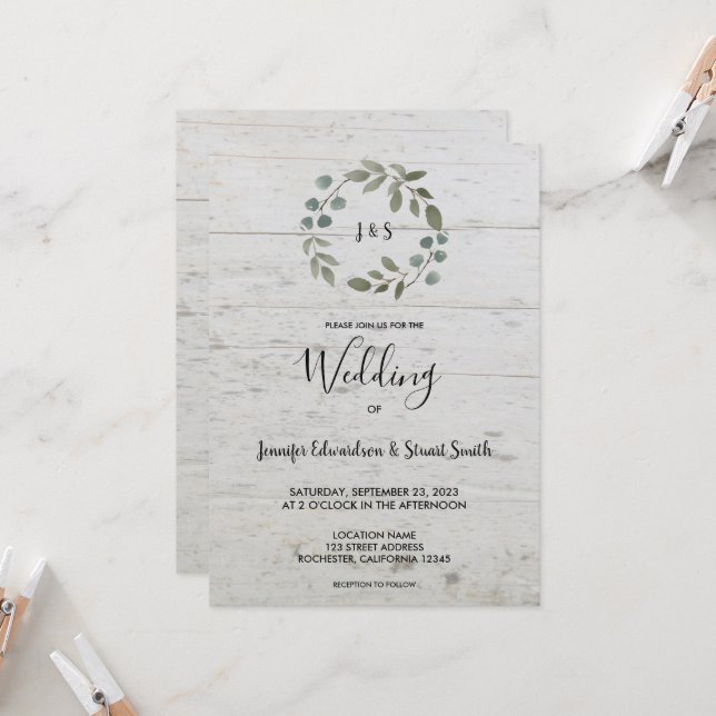 Invitación Boda de monograma de madera de hojas de acuarela r (Anverso/Reverso In Situ)