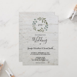 Invitación Boda de monograma de madera de hojas de acuarela r